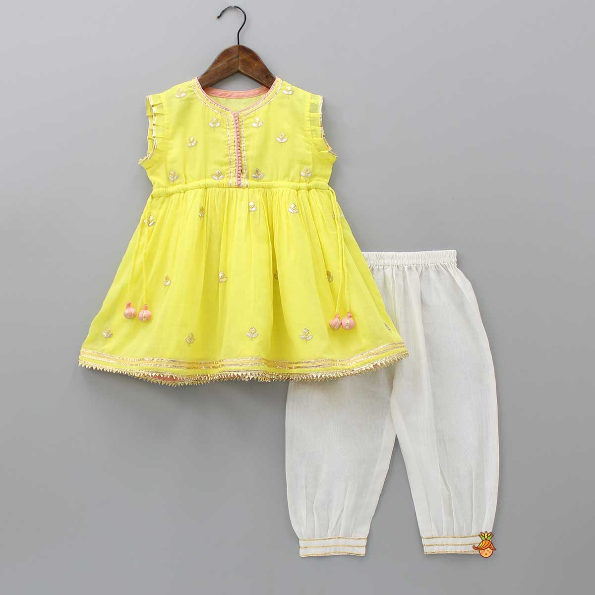 Pre Order: Emboidered Gota Lace Detail Yellow Kurti And Pant