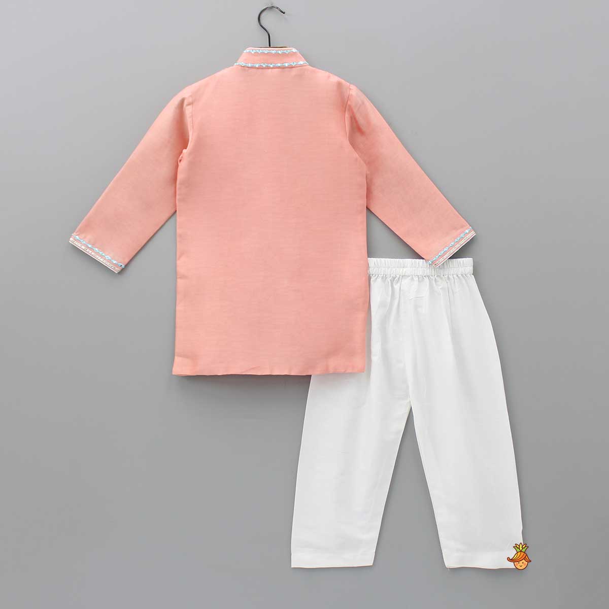 Pre Order: Fuax Mirror And Gota Lace Detail Peach Kurta And Pyjama