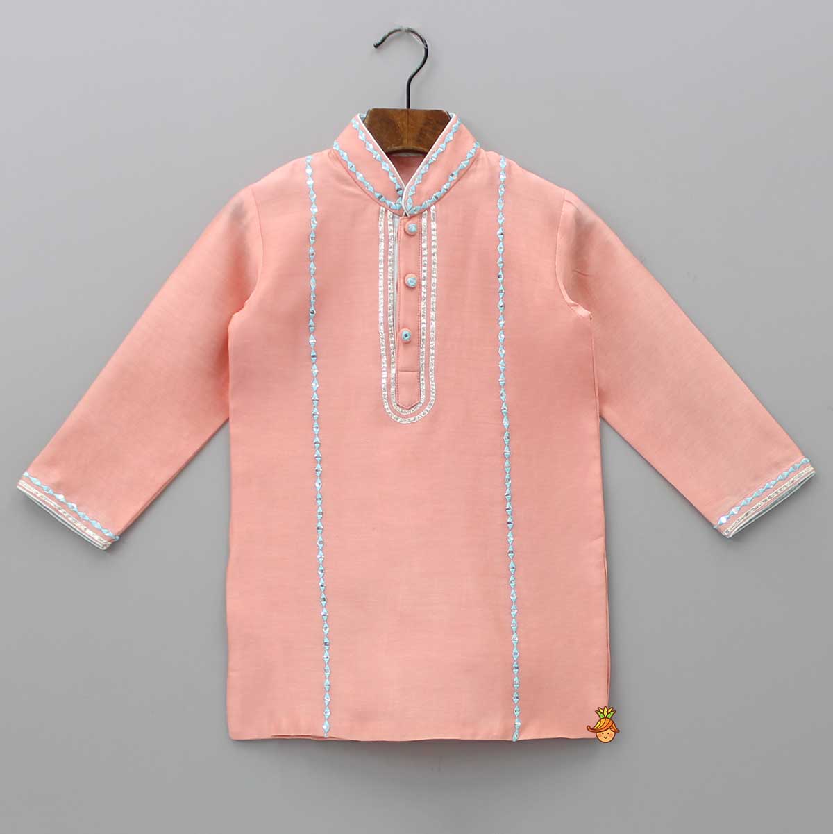 Pre Order: Fuax Mirror And Gota Lace Detail Peach Kurta And Pyjama
