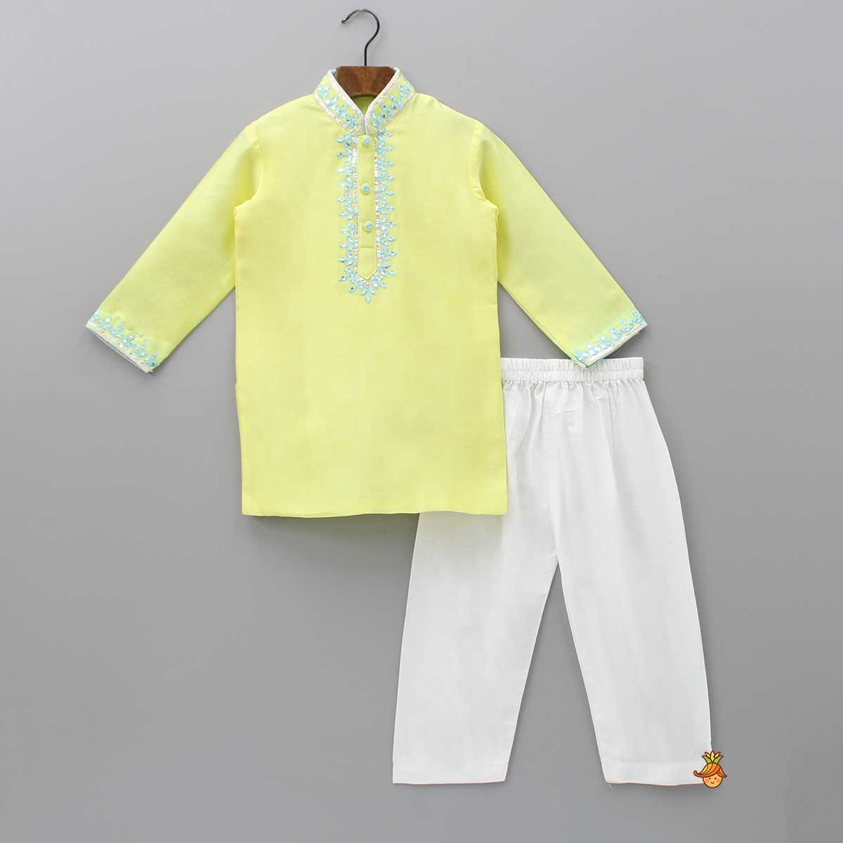 Pre Order: Fuax Mirror And Gota Lace Detail Kurta And Pyjama