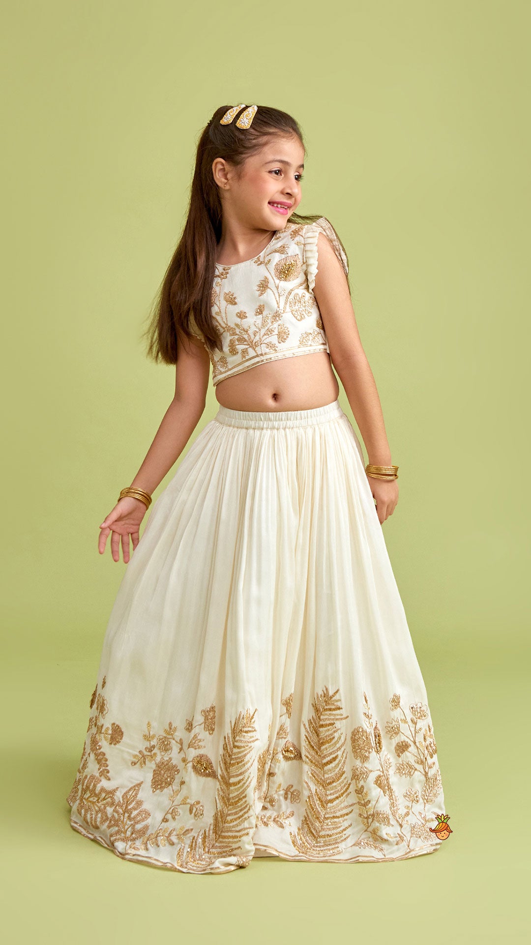 Pre Order: Embroidered Top With Gota Work Lehenga And Net Dupatta