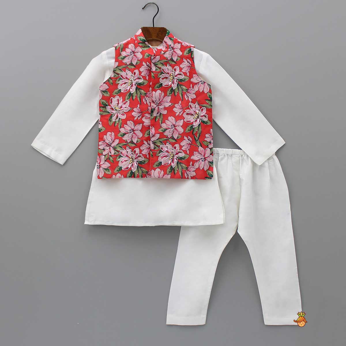 Pre Order: Floral Printed Jacket With Flower Embroidery  Off White Kurta And Pyjama