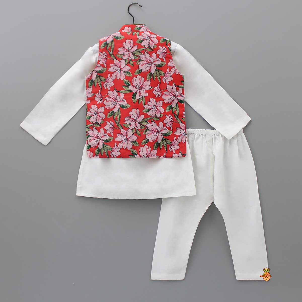 Pre Order: Floral Printed Jacket With Flower Embroidery  Off White Kurta And Pyjama