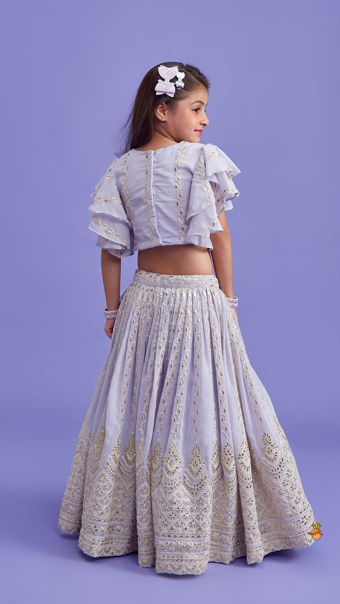 Pre Order: Embroidered Lavender Top And Pleated Lehenga With Net Dupatta