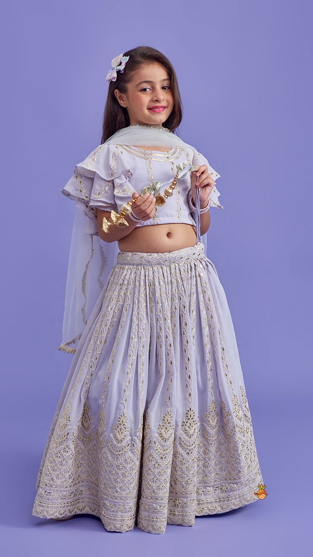 Pre Order: Embroidered Lavender Top And Pleated Lehenga With Net Dupatta