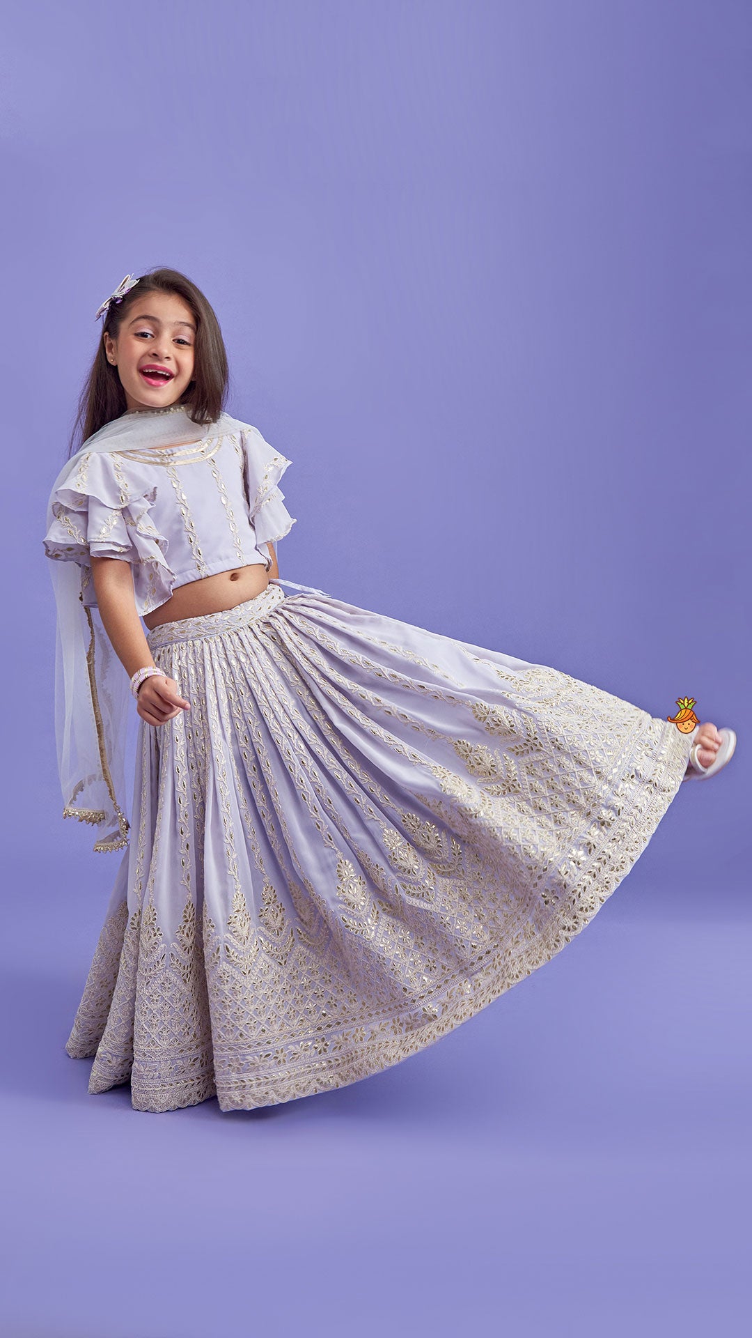 Pre Order: Embroidered Lavender Top And Pleated Lehenga With Net Dupatta