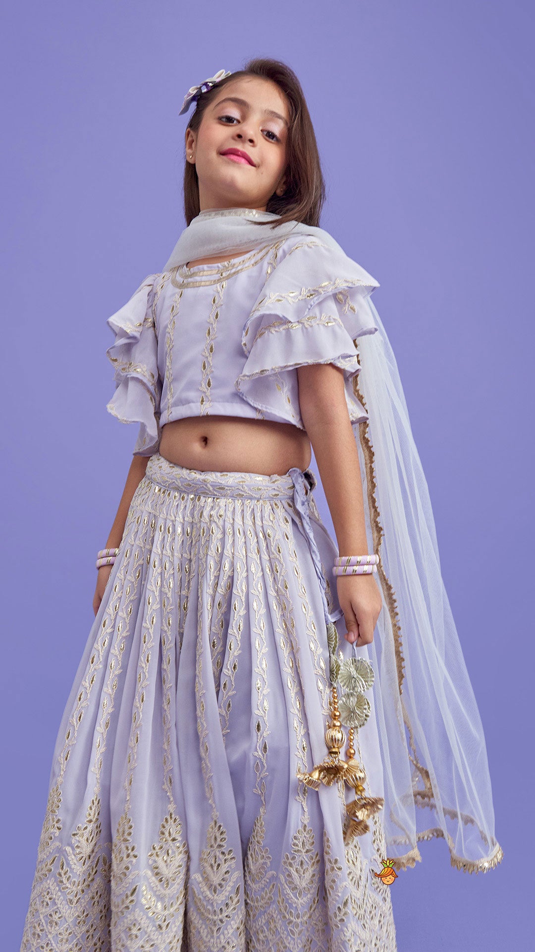 Pre Order: Embroidered Lavender Top And Pleated Lehenga With Net Dupatta