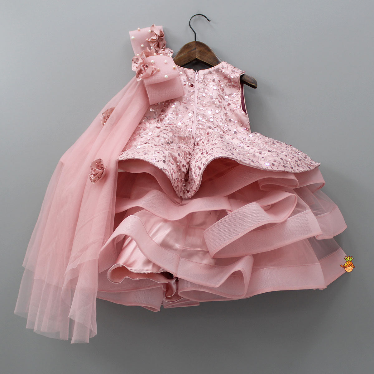 Pre Order: Peach Sequin Dress Adorned With Matching Bows And Flowers Embellishment