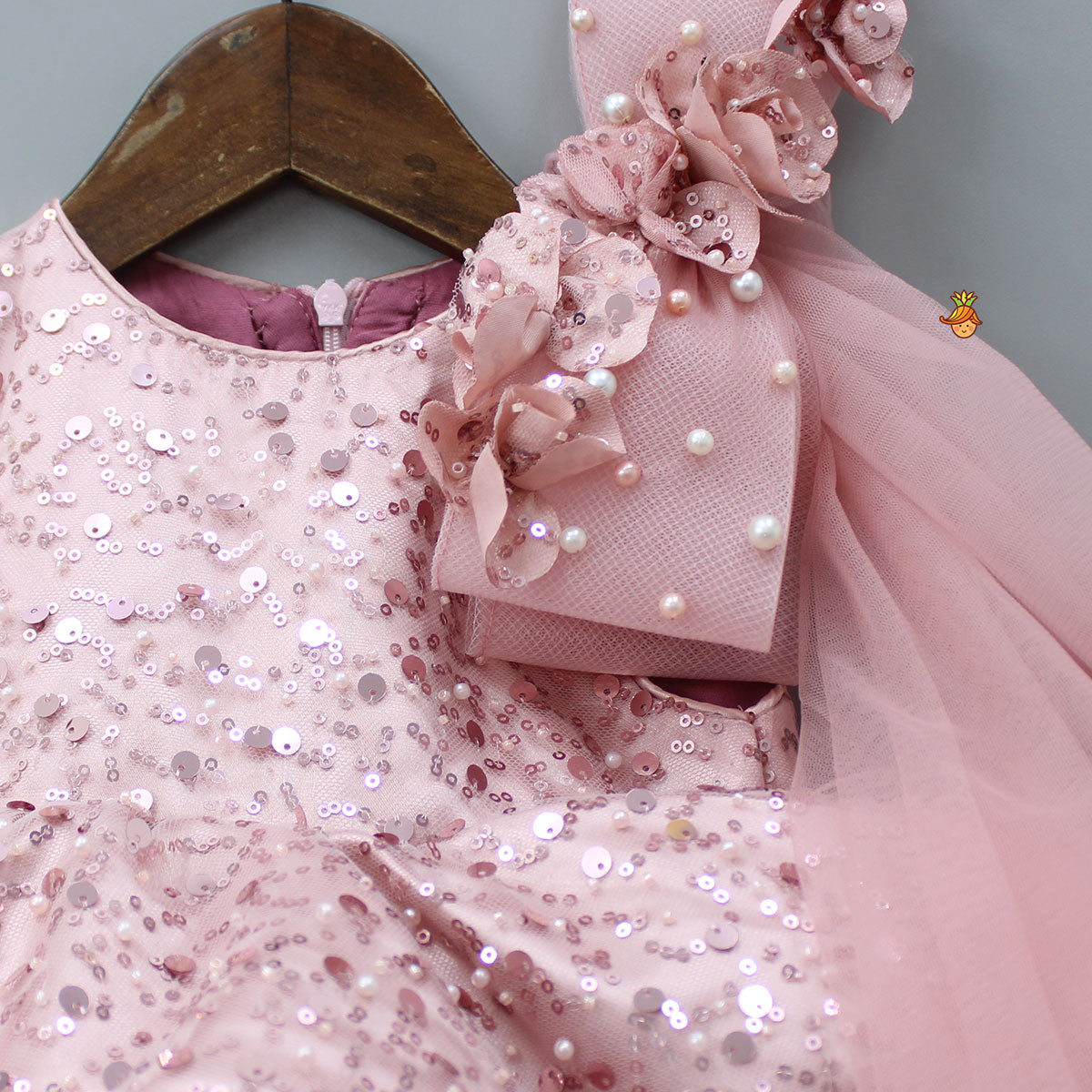 Pre Order: Peach Sequin Dress Adorned With Matching Bows And Flowers Embellishment