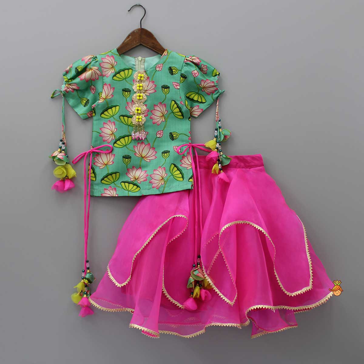 Pre Order: Floral Printed Top With Puffed Sleeves And Layered Lehenga