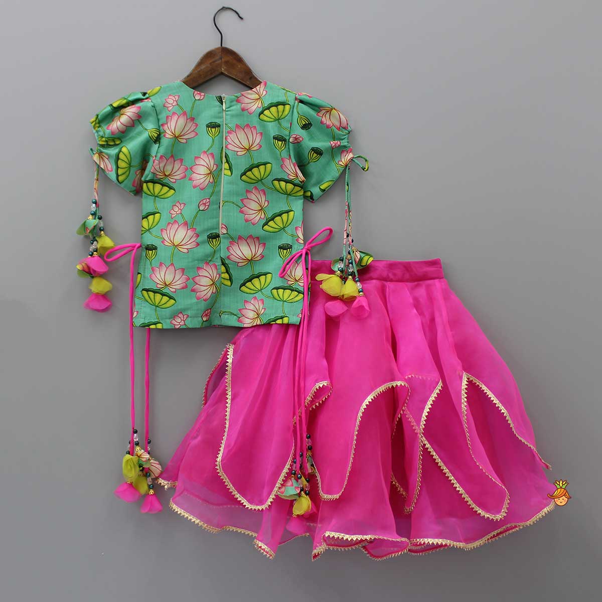 Pre Order: Floral Printed Top With Puffed Sleeves And Layered Lehenga