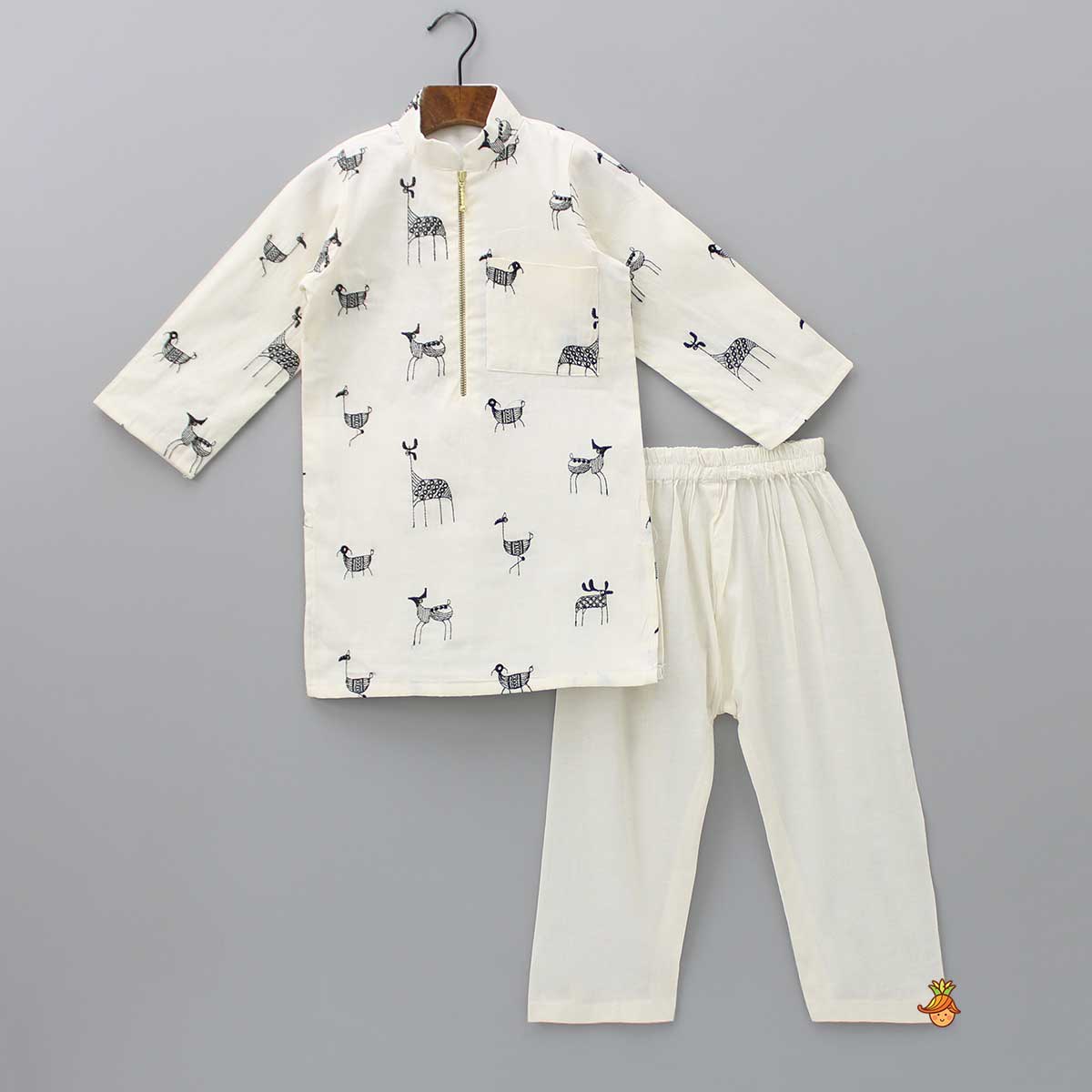Pre Order: Animal Embroidered Kurta With Pyjama