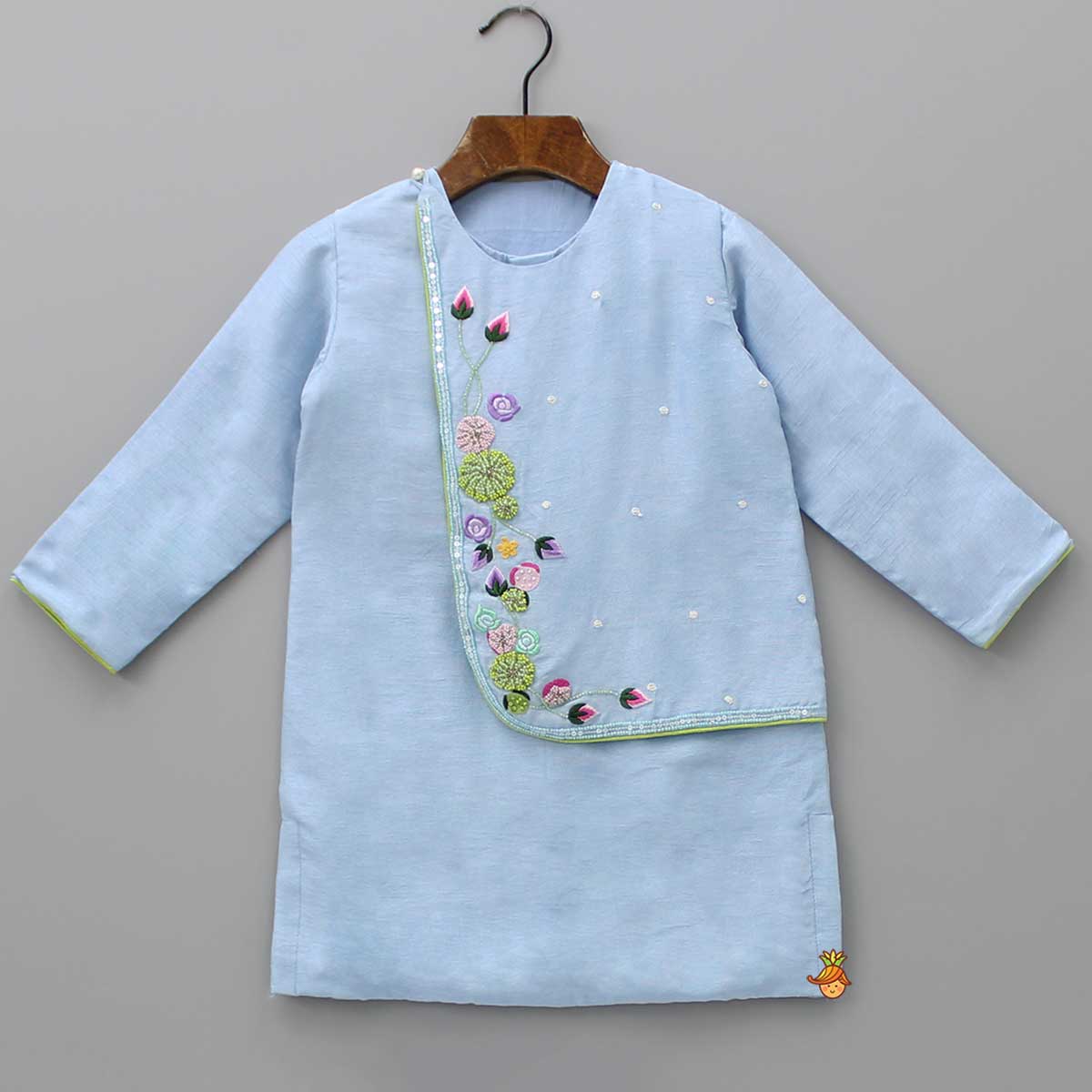 Pre Order: Blue Kurta  With One-Side Embroidered Flap And Churidar