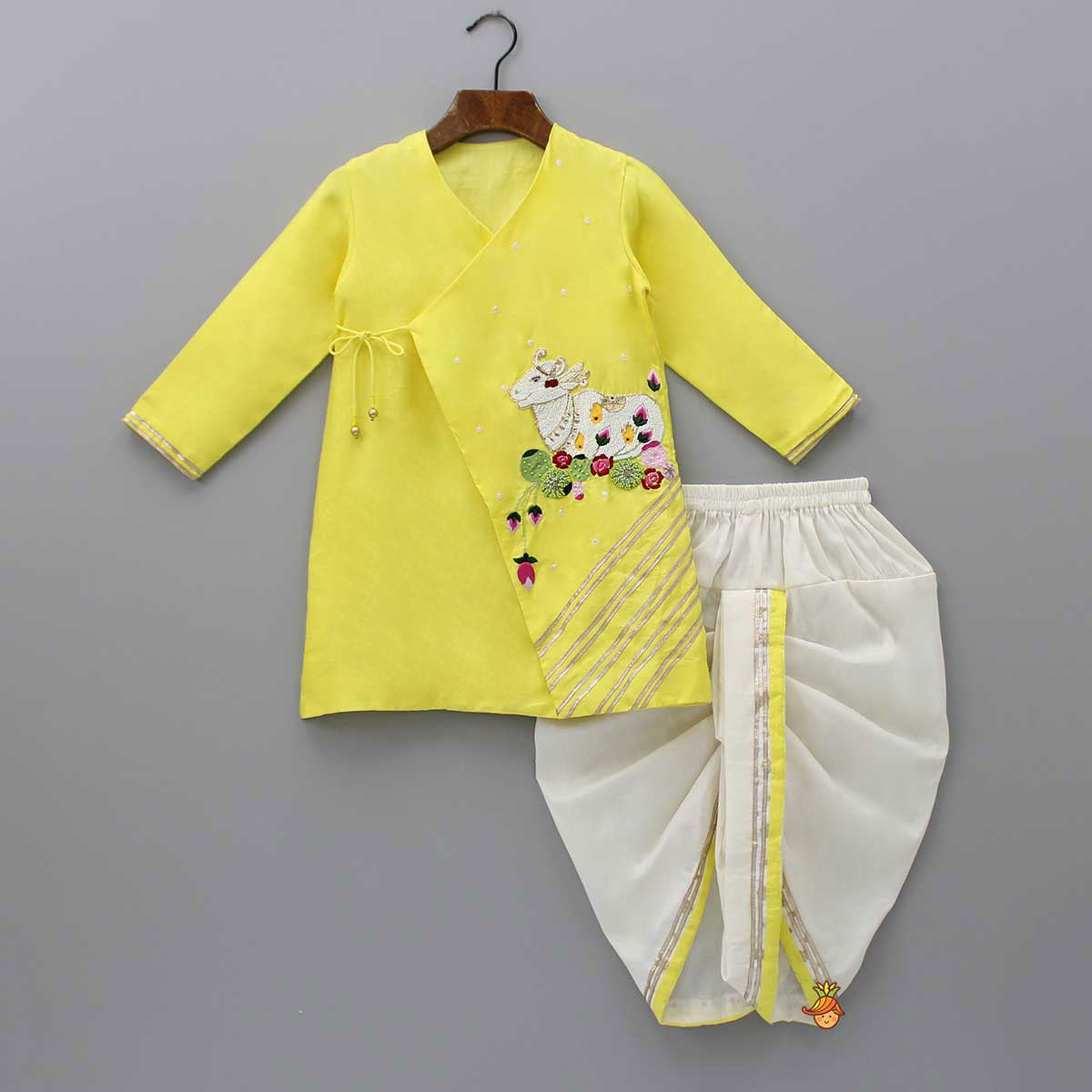 Pre Order: Animal Embroidered Angarkha Style Yellow Kurta With Lace Work Dhoti