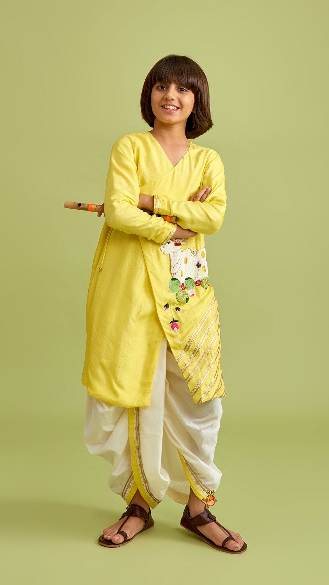 Pre Order: Animal Embroidered Angarkha Style Yellow Kurta With Lace Work Dhoti