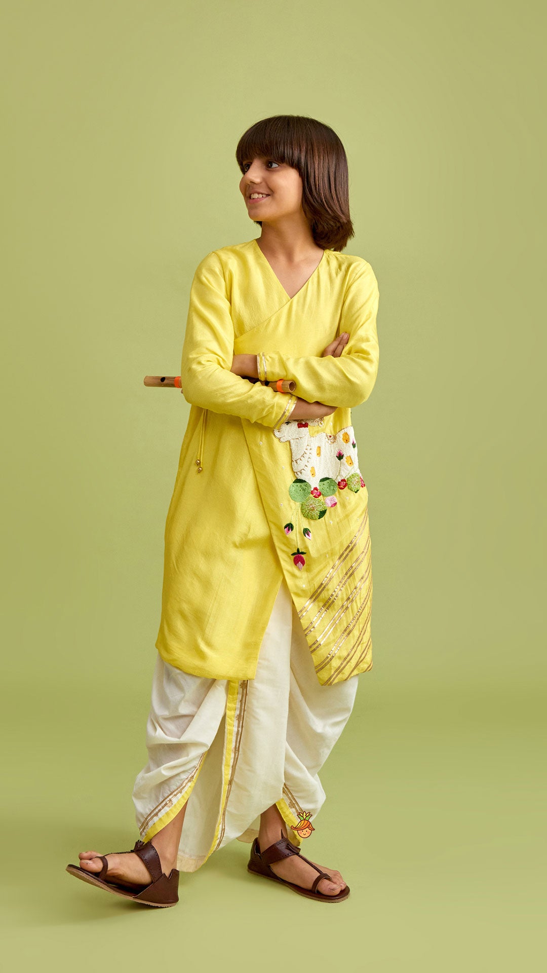 Pre Order: Animal Embroidered Angarkha Style Yellow Kurta With Lace Work Dhoti