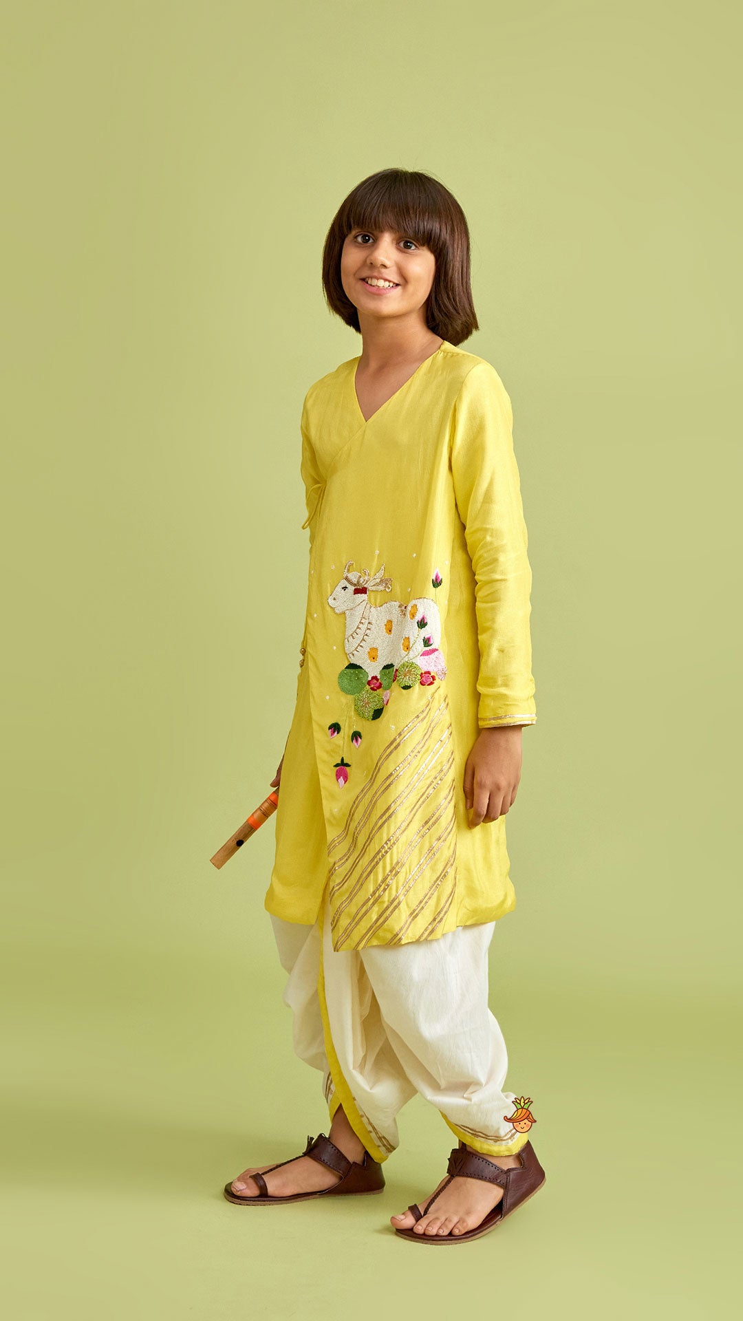 Pre Order: Animal Embroidered Angarkha Style Yellow Kurta With Lace Work Dhoti