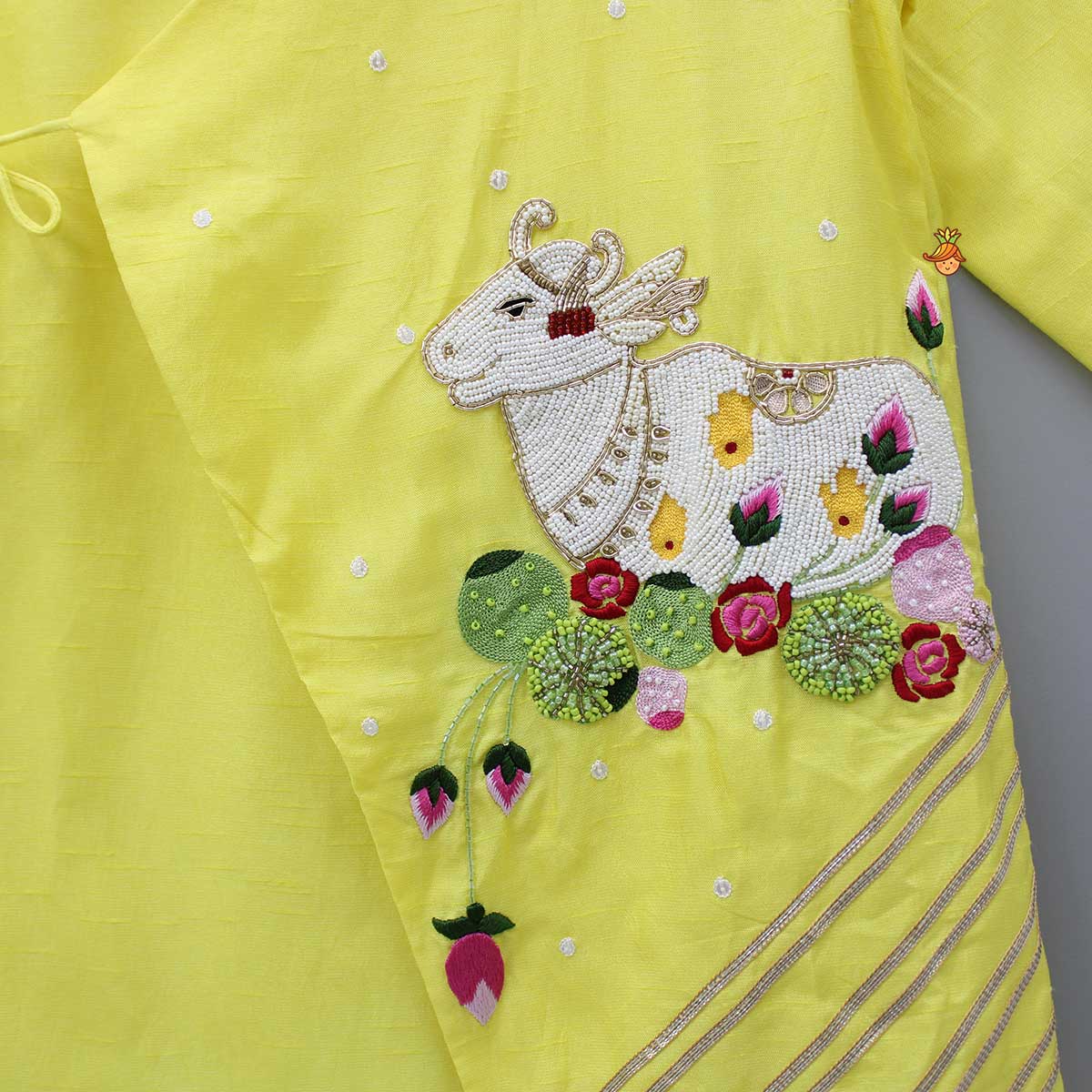 Pre Order: Animal Embroidered Angarkha Style Yellow Kurta With Lace Work Dhoti