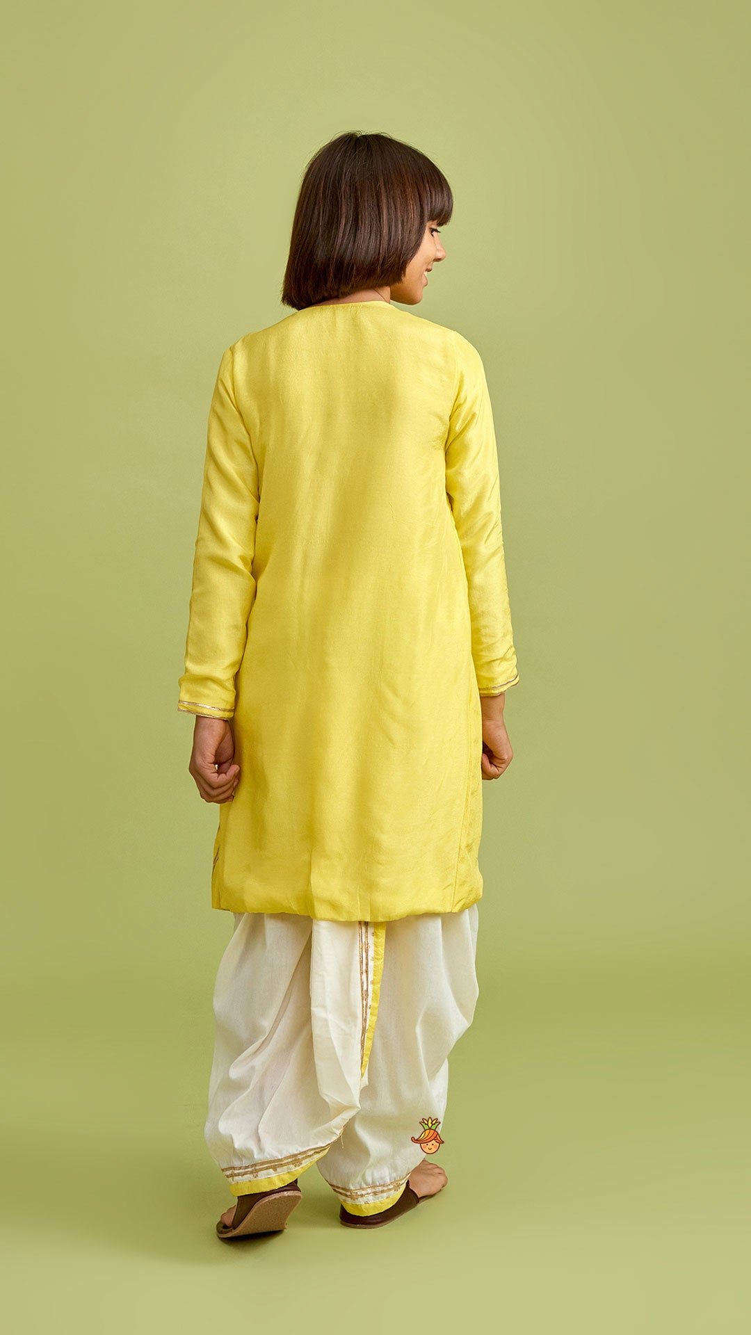 Pre Order: Animal Embroidered Angarkha Style Yellow Kurta With Lace Work Dhoti