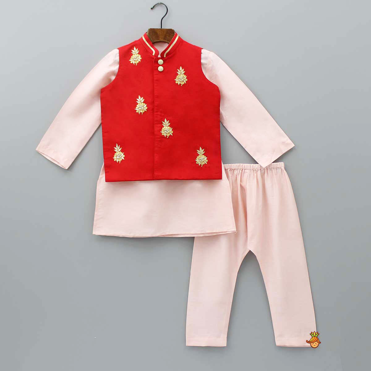 Pre Order: Red Jacket With Gota Work Patch And Kurta With Pyjama