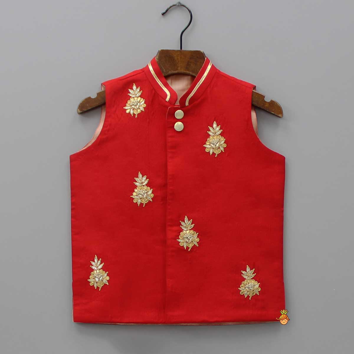 Pre Order: Red Jacket With Gota Work Patch And Kurta With Pyjama