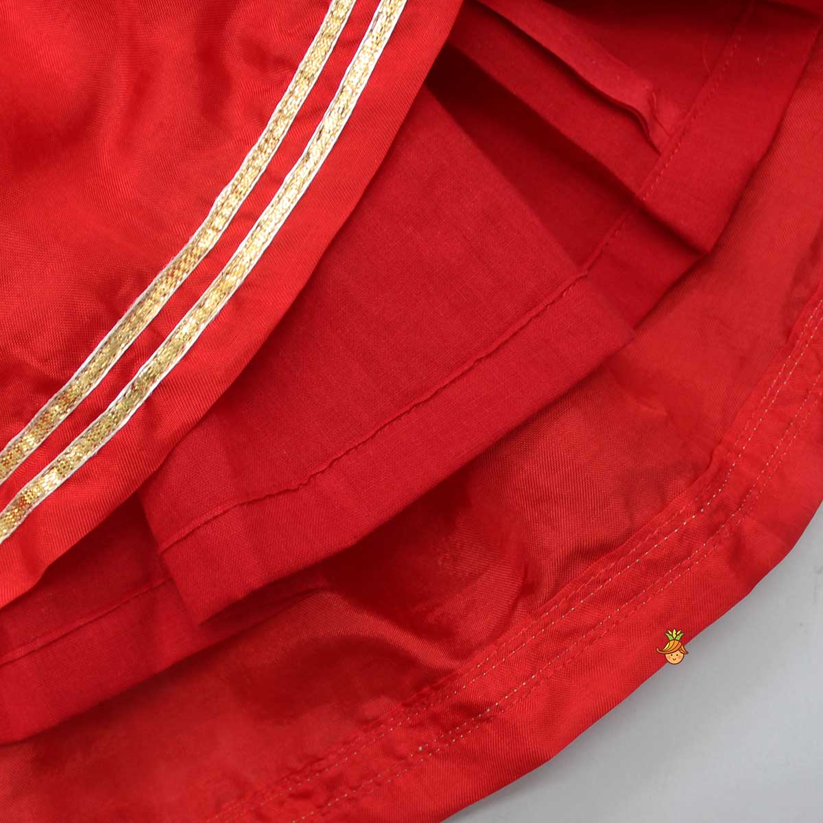 Pre Order: Red Kurti With Gota Work Patch And Pleated Dhoti