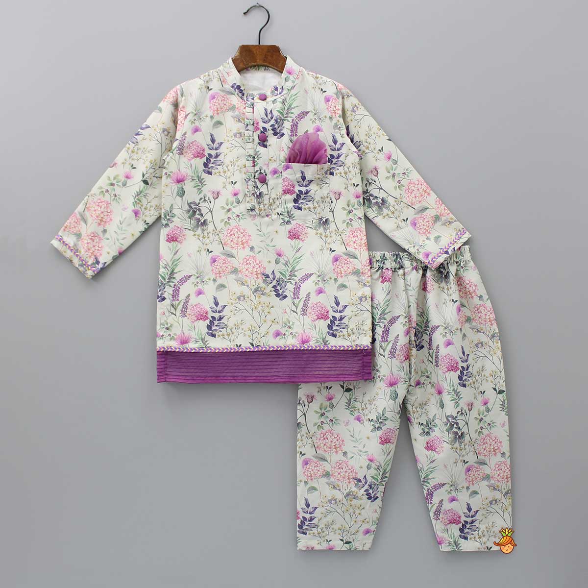 Pre Order: Pleated Front Placket Multicolour Kurta And Pyjama