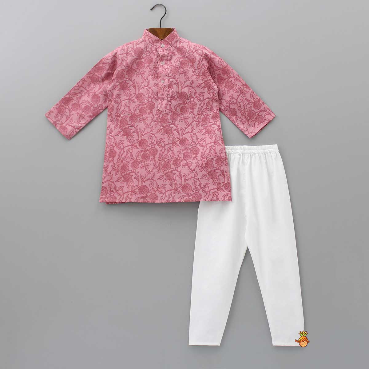 Printed Pink Kurta With Wavy Embroidered Jacket And Churidar