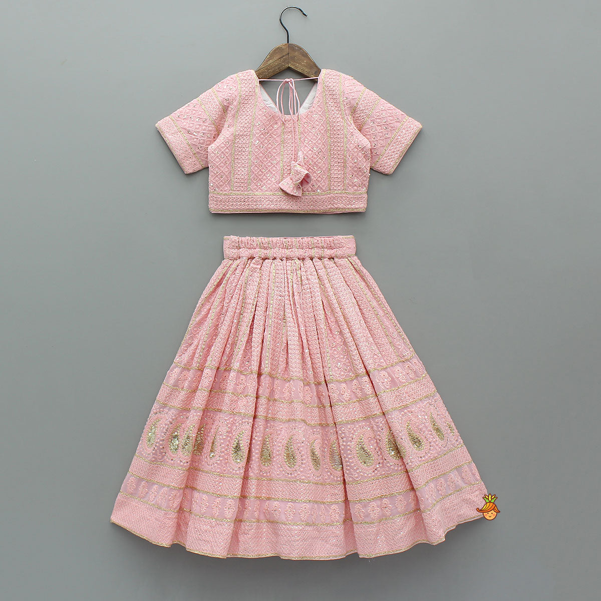 Pre Order: Embroidered Top And Lehenga With Matching Potli And Net Dupatta