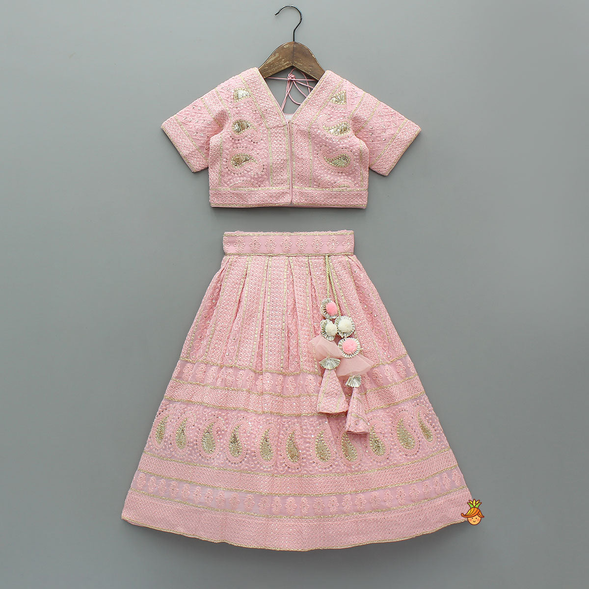 Pre Order: Embroidered Top And Lehenga With Matching Potli And Net Dupatta