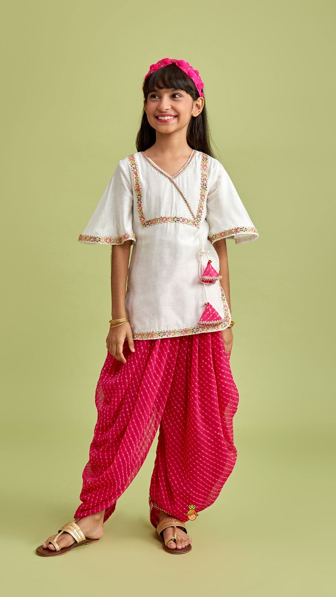 Pre Order: Off White Kurti And Leheriya Printed Pink Dhoti