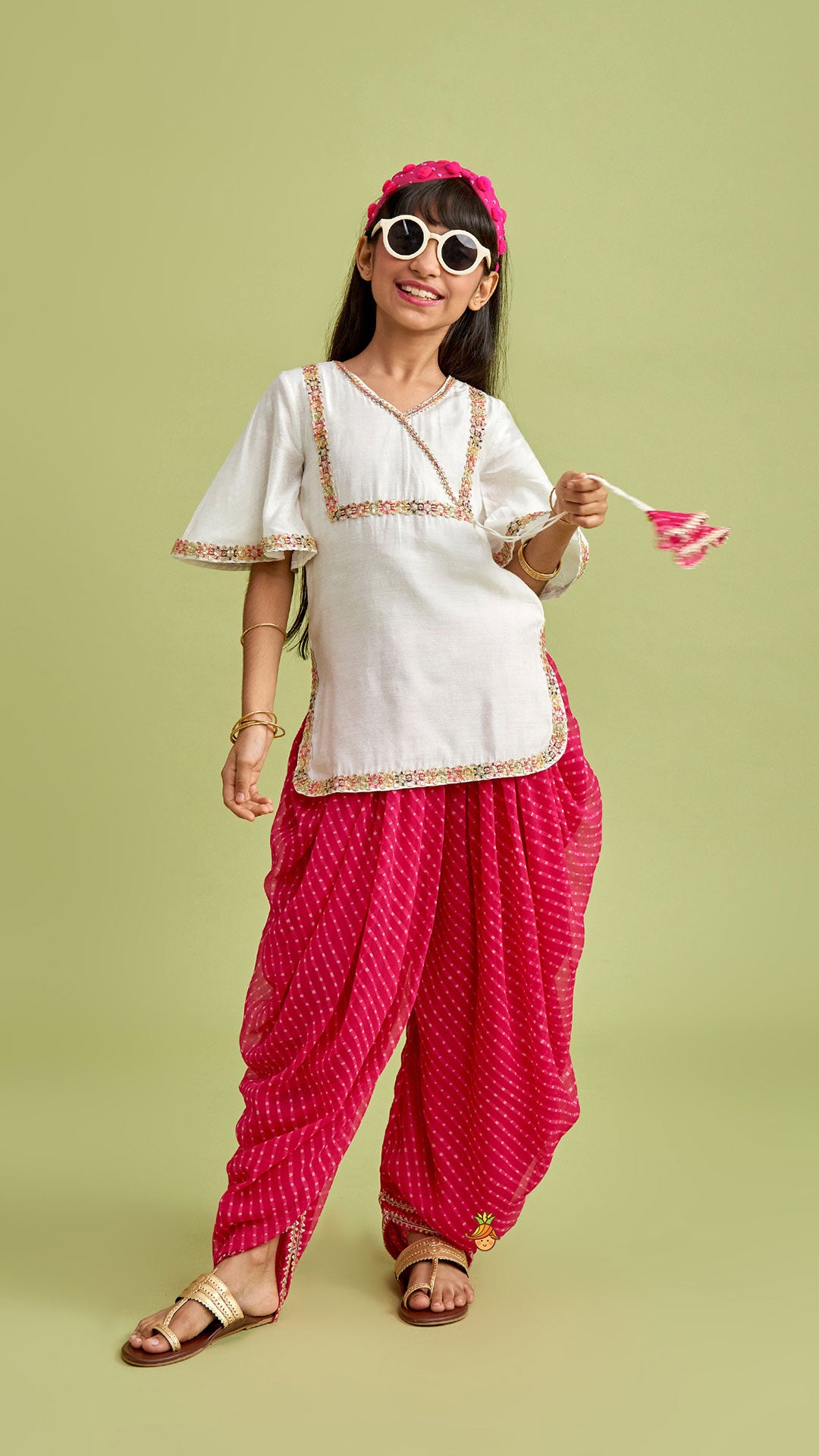 Pre Order: Off White Kurti And Leheriya Printed Pink Dhoti