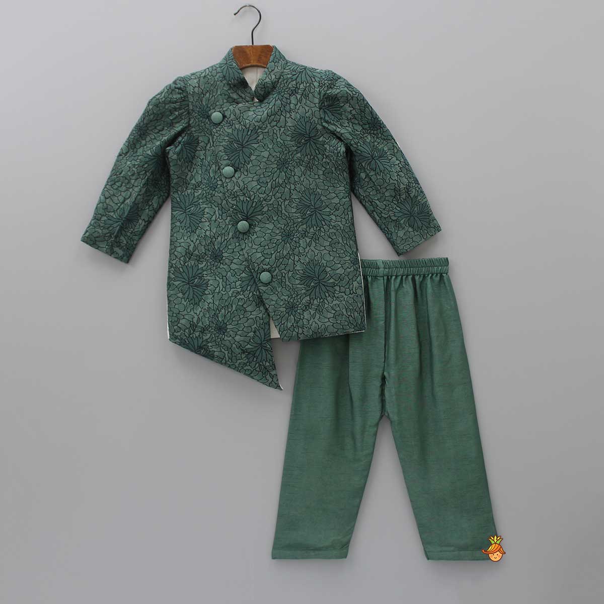 Pre Order: Green Heavy Thread Embroidered Asymmetric Sherwani And Pyjama