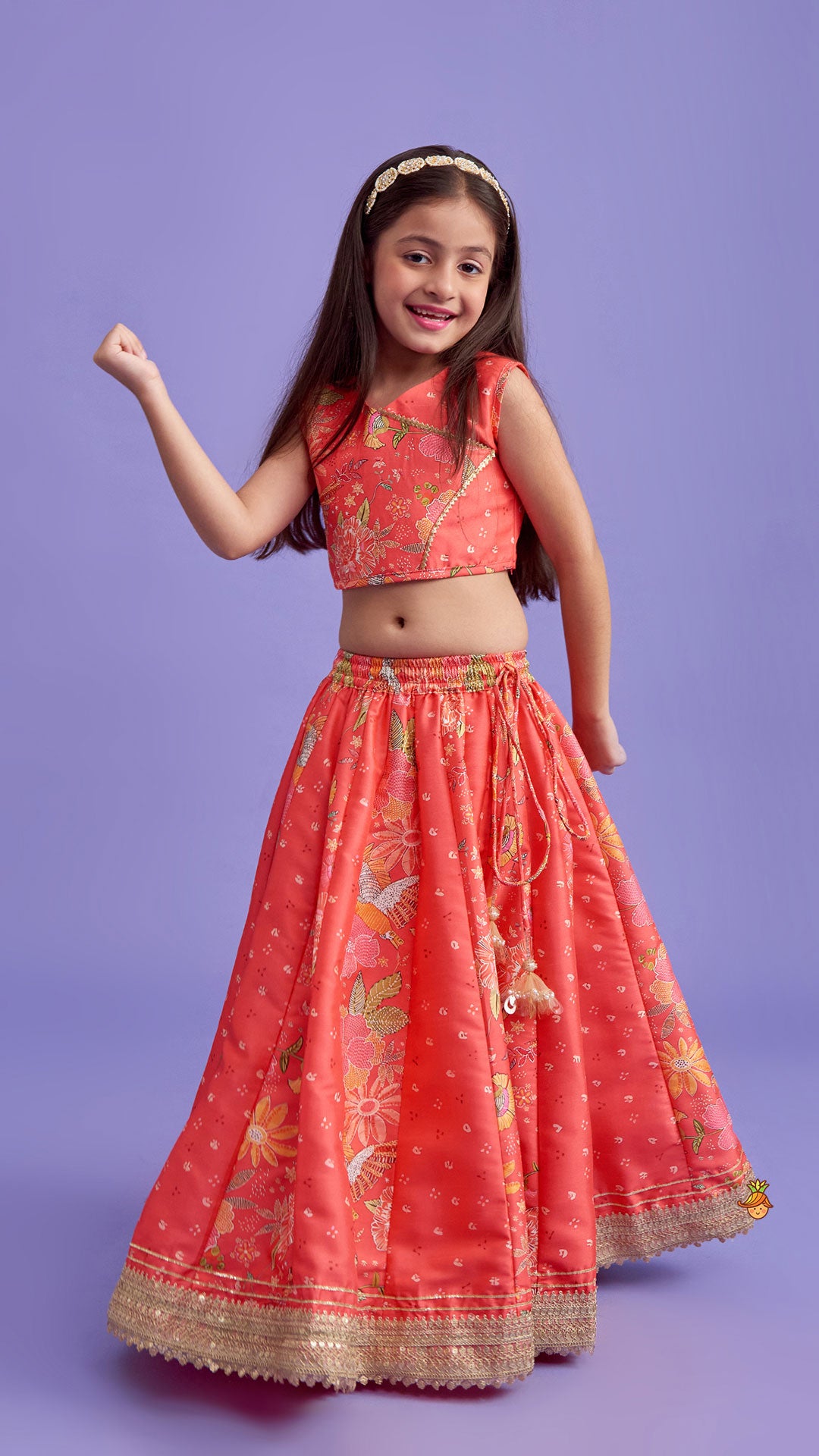 Pre Order: V Neck Peach Top And Printed Lehenga With Hair Band