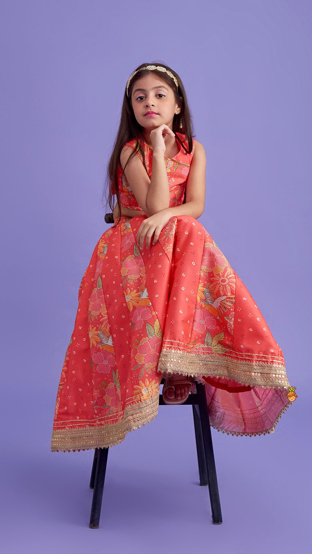 Pre Order: V Neck Peach Top And Printed Lehenga With Hair Band