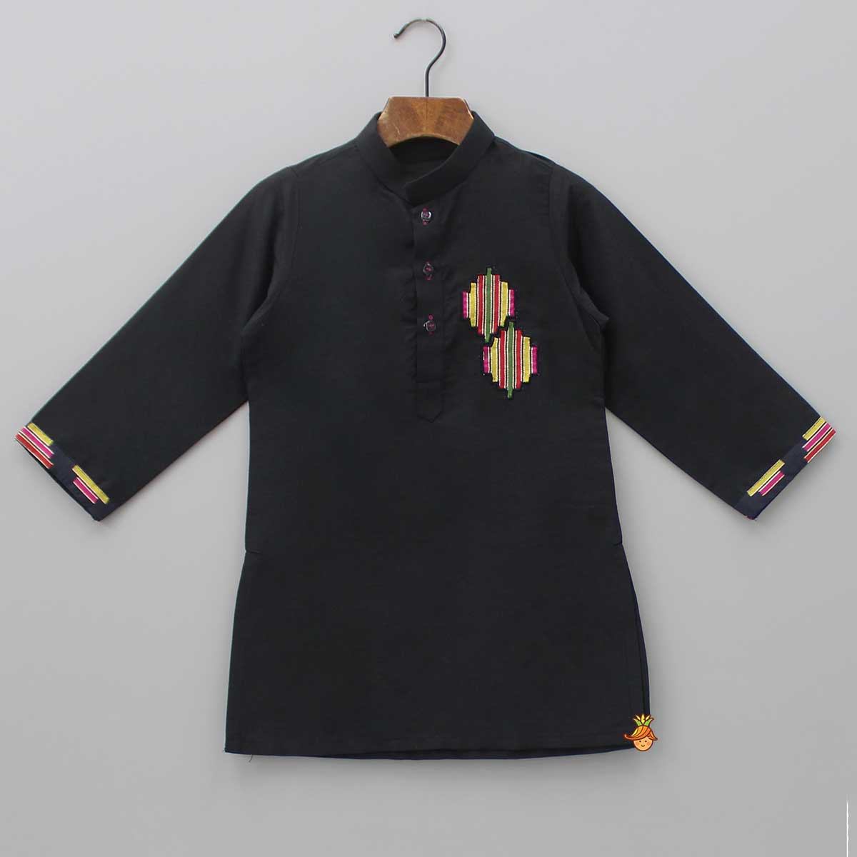 Pre Order: Black Kurta With Multicolour Printed Jacket And Pyjama