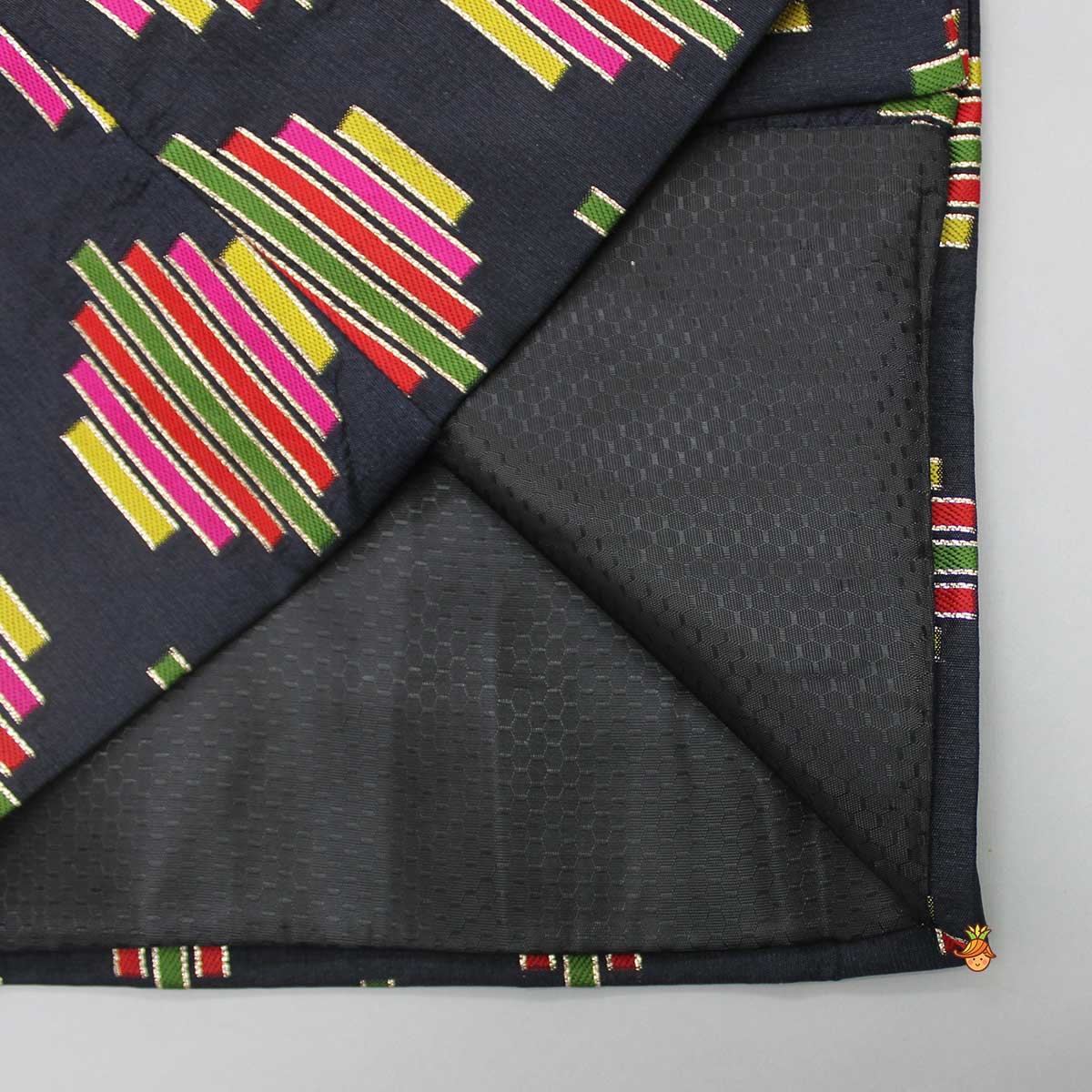 Pre Order: Black Kurta With Multicolour Printed Jacket And Pyjama