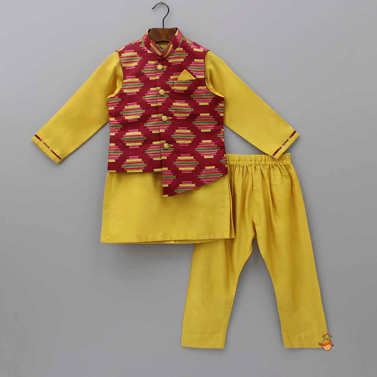 Pre Order: Yellow Kurta With Multicolour Printed Jacket And Pyjama