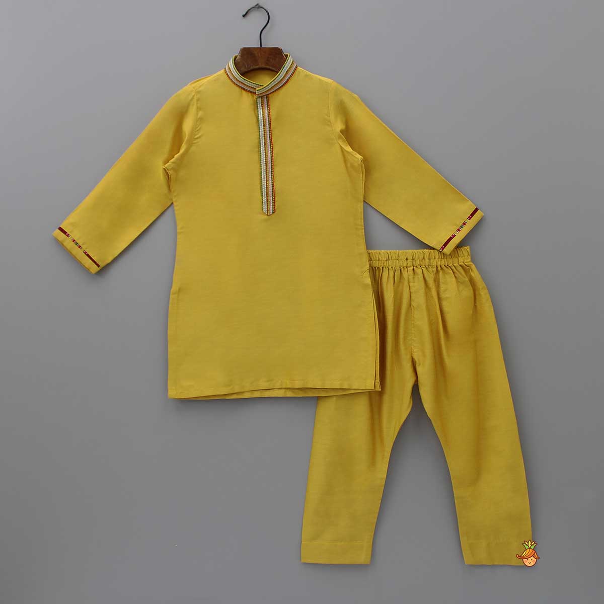 Pre Order: Yellow Kurta With Multicolour Printed Jacket And Pyjama