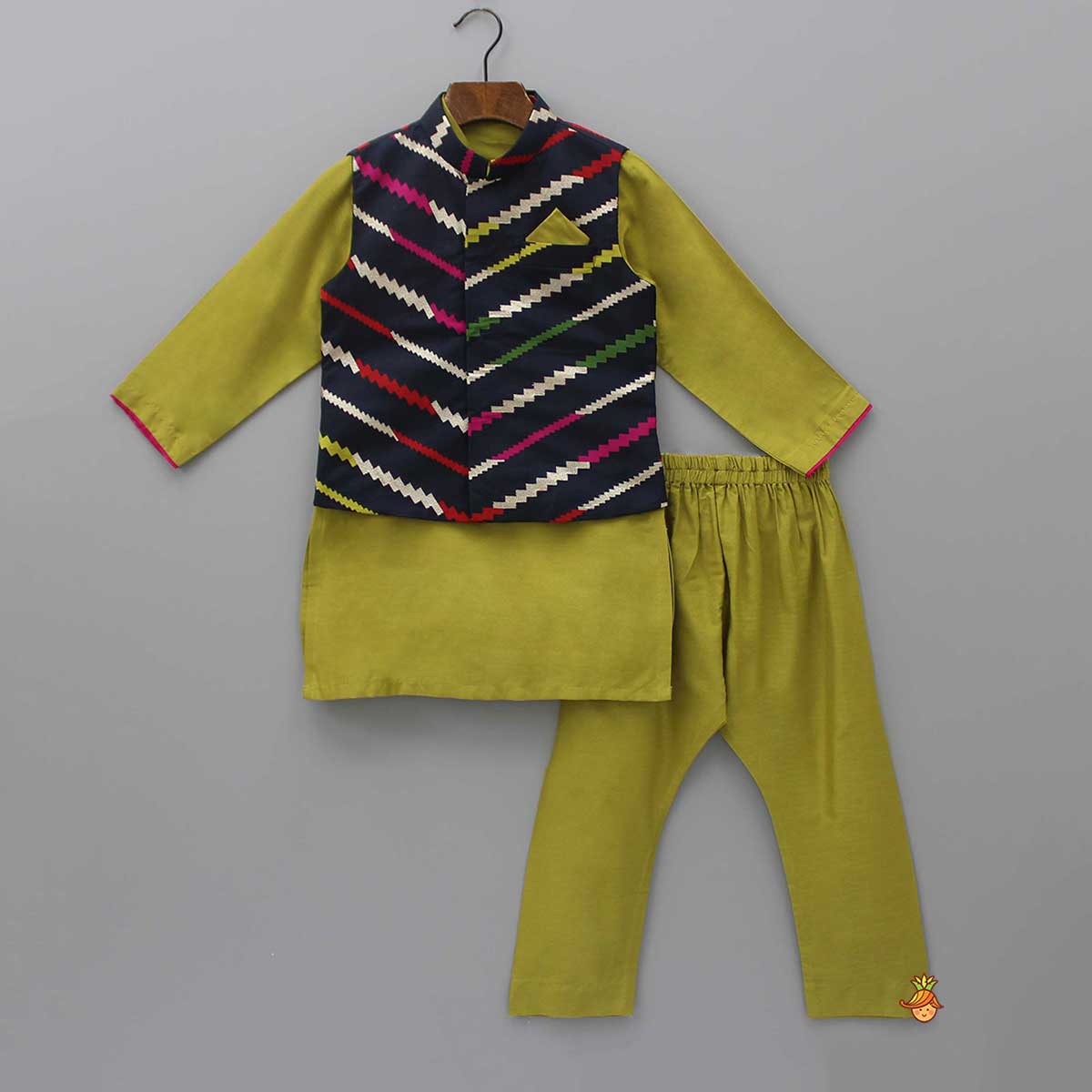 Pre Order: Green Kurta With Printed Multicolour Jacket And Pyjama