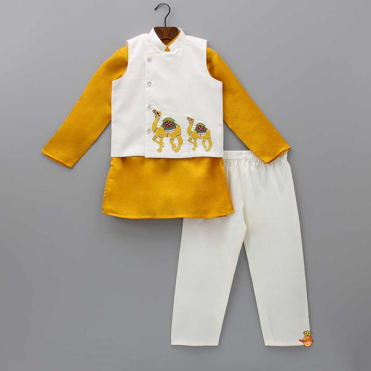 Pre Order: Mustard Kurta With Camel Embroidered Jacket And Pyjama