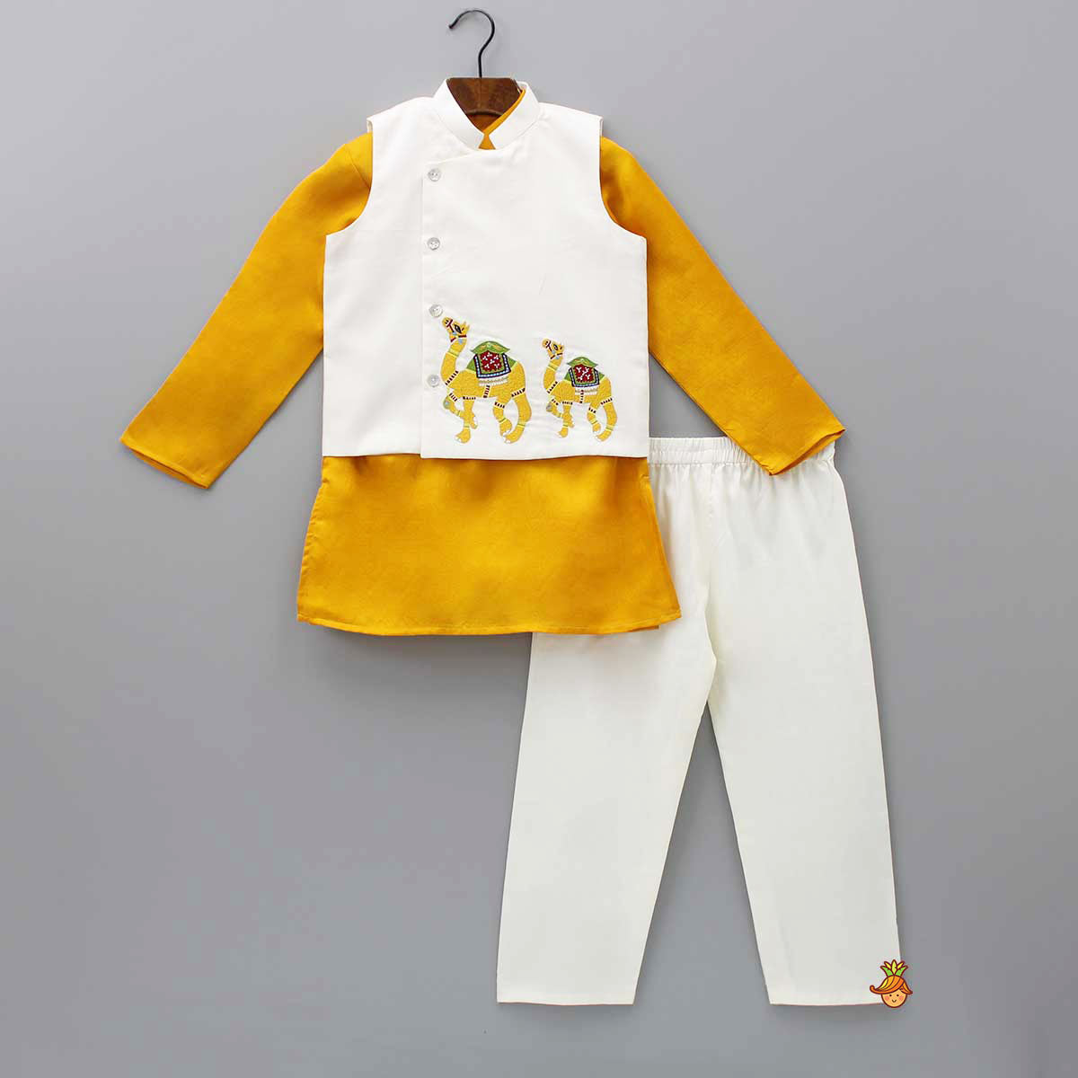 Pre Order: Mustard Kurta With Camel Embroidered Jacket And Pyjama