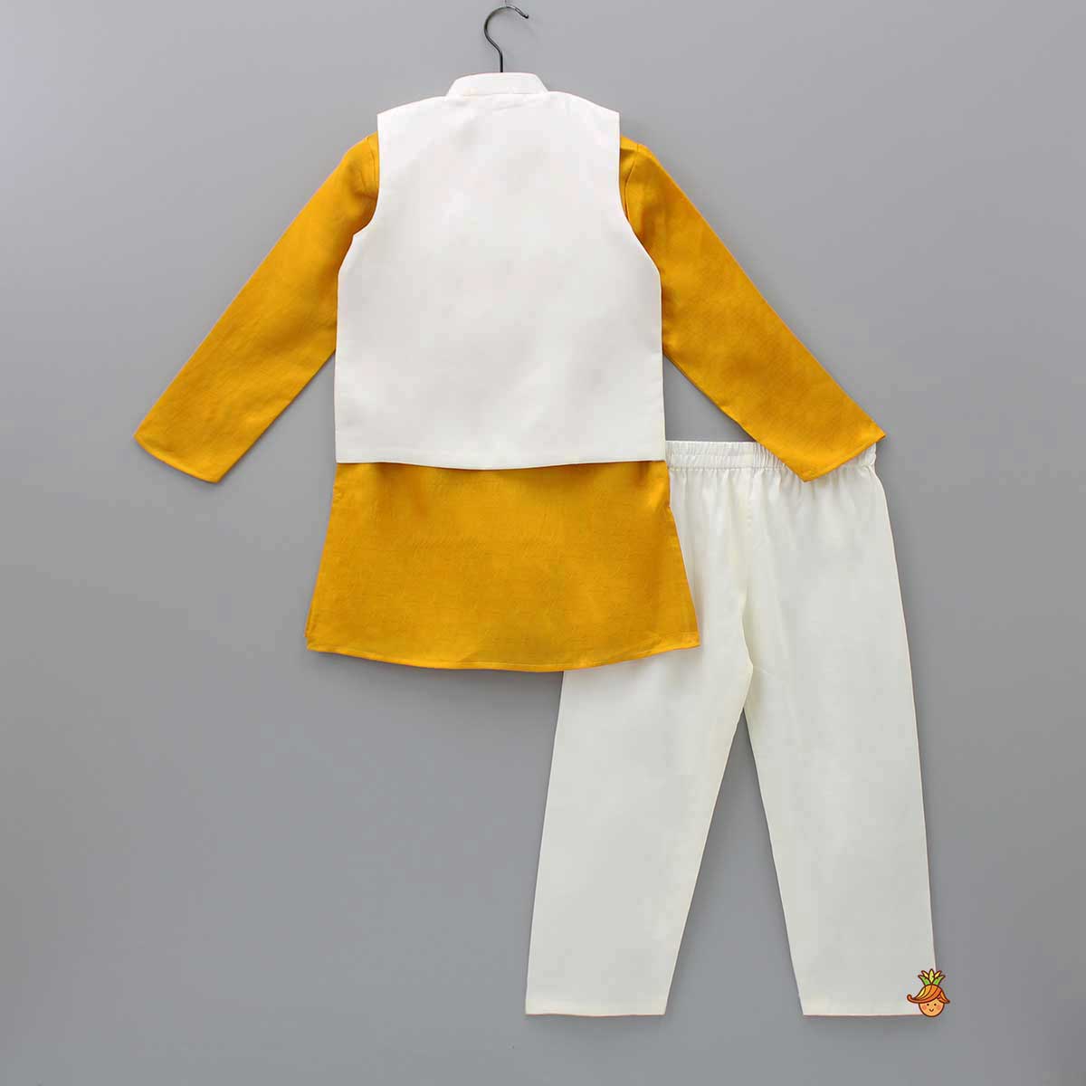 Pre Order: Mustard Kurta With Camel Embroidered Jacket And Pyjama
