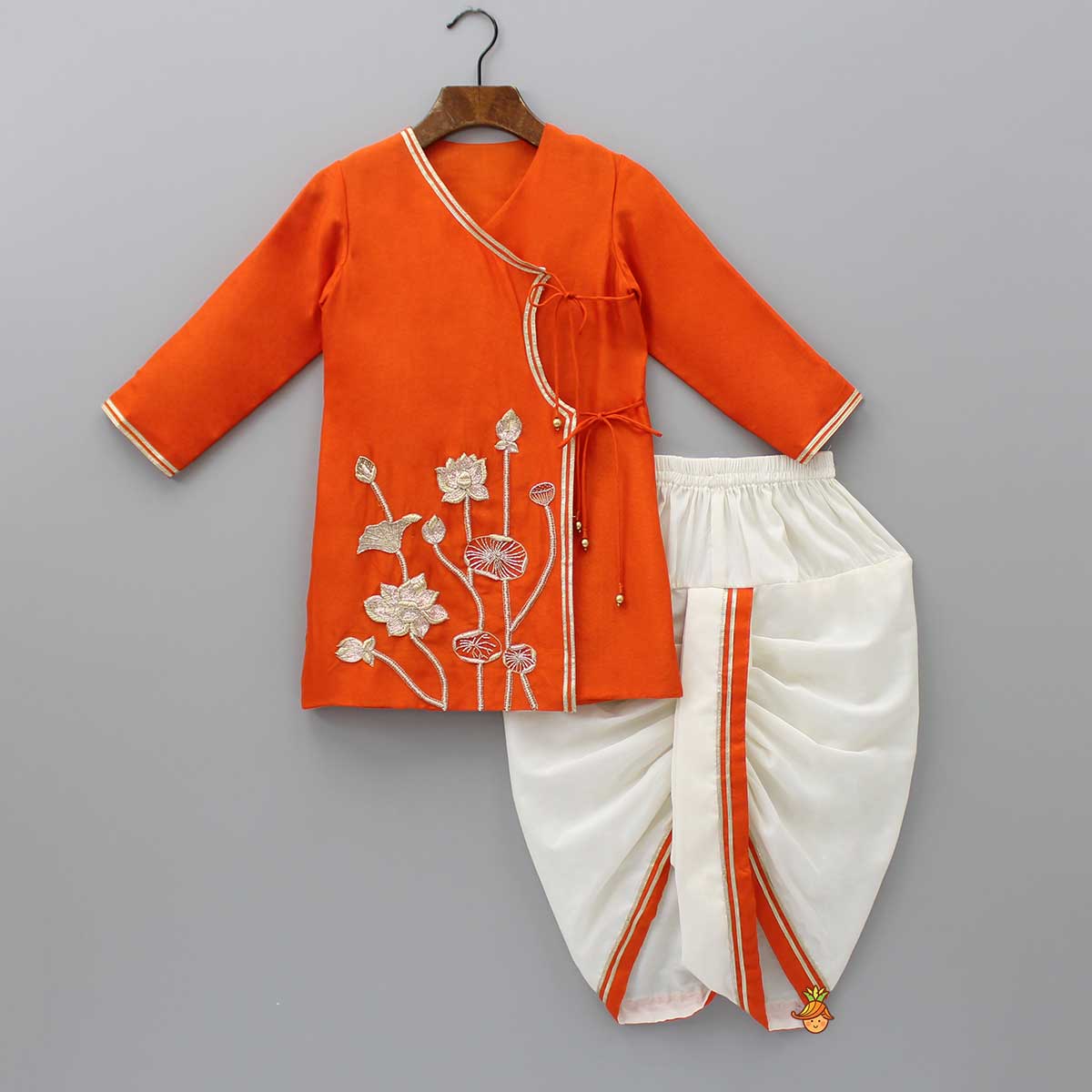 Pre Order: Embroidered Angarkha Style Orange Kurta With Lace Work Dhoti