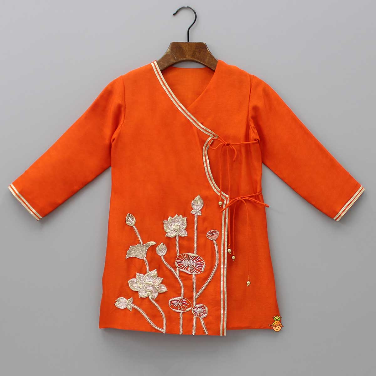 Pre Order: Embroidered Angarkha Style Orange Kurta With Lace Work Dhoti