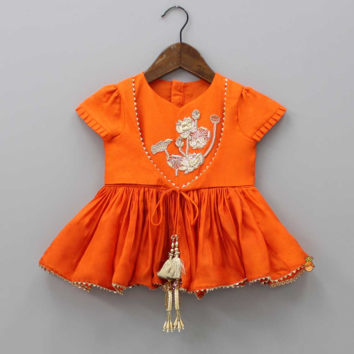 Pre Order: Zardozi Embroidered Orange Dual Flaps Top And Lehenga