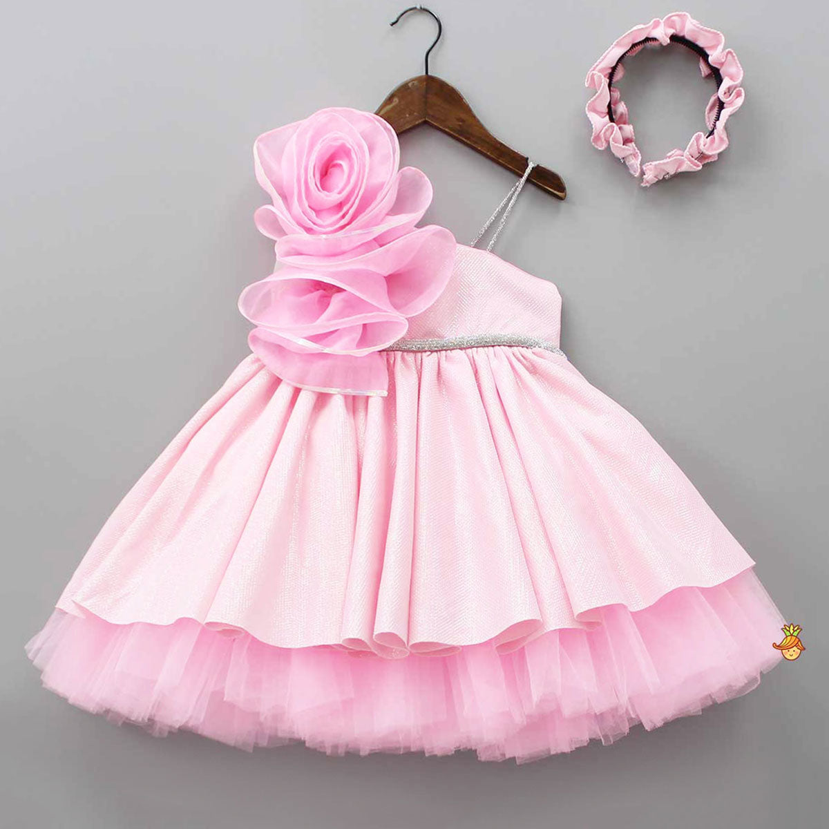 Pre Order: Flower Adorned One Shoulder Dress With Matching Hairband