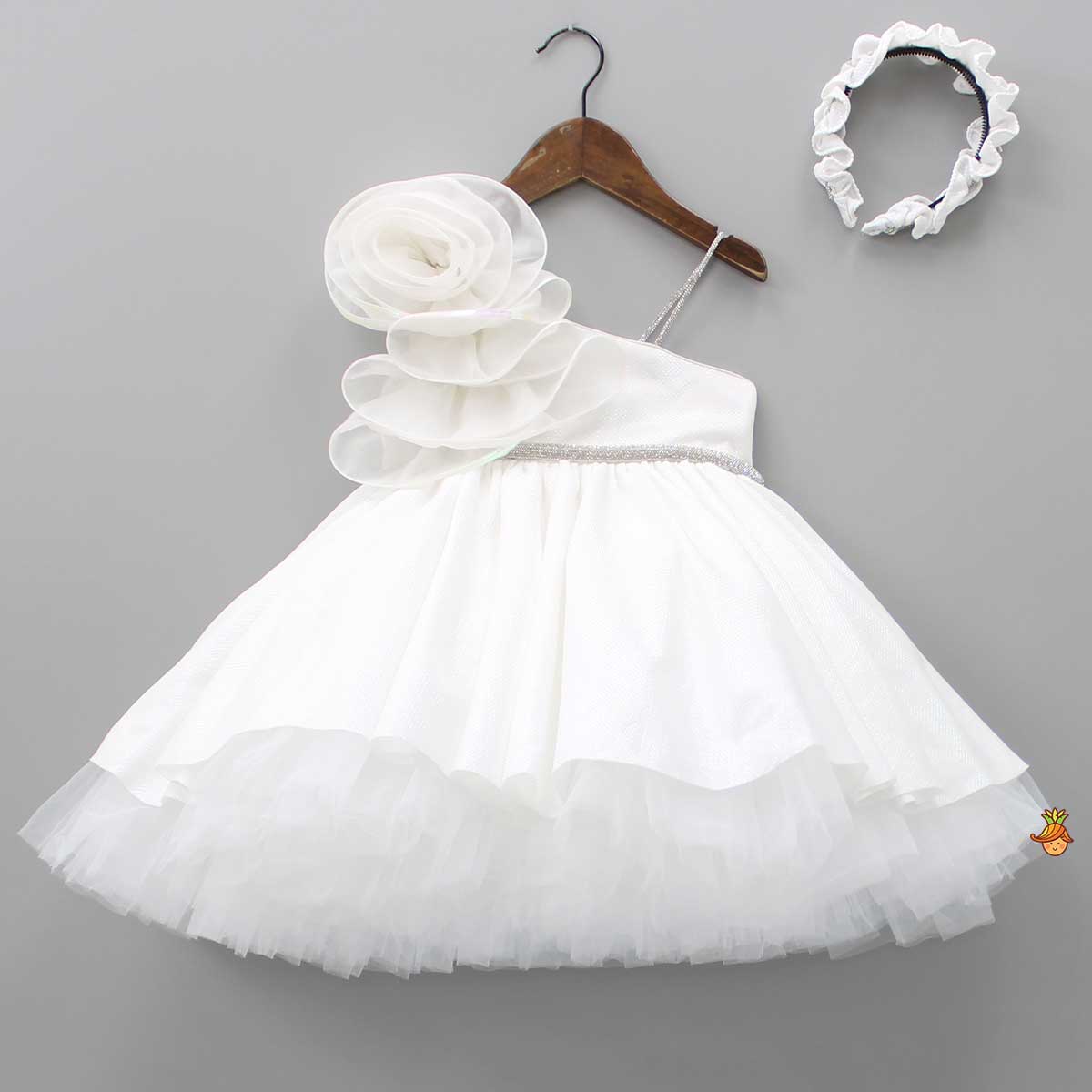 Pre Order: Flower Adorned One Shoulder White Dress With Matching Hairband