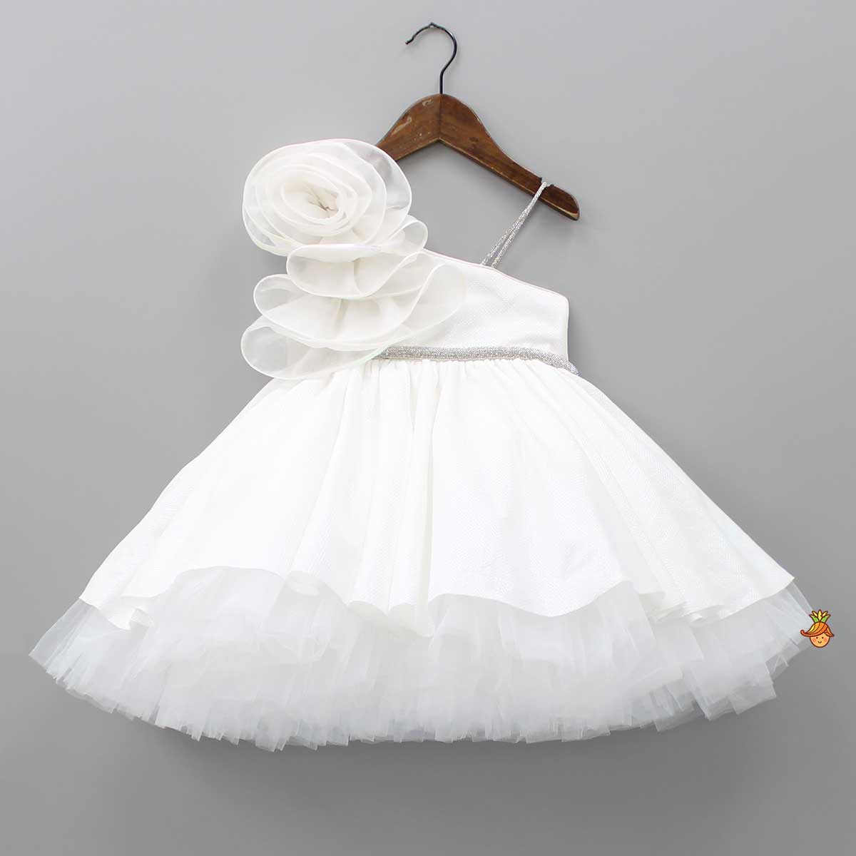 Pre Order: Flower Adorned One Shoulder White Dress With Matching Hairband