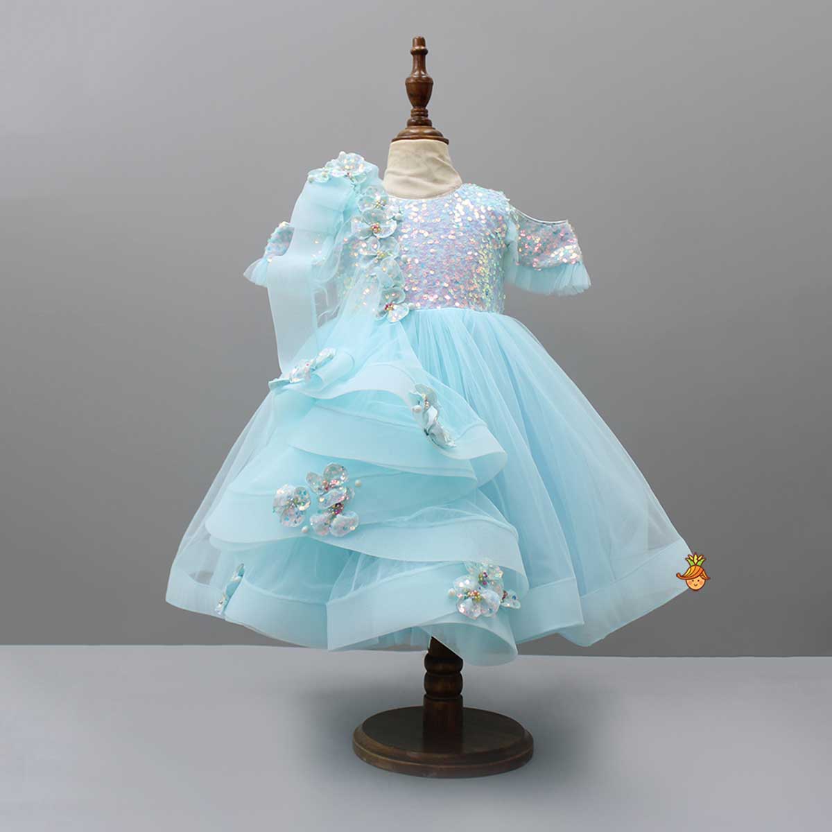 Pre Order: Cold Shoulder Layered Ruffle Net Blue Dress